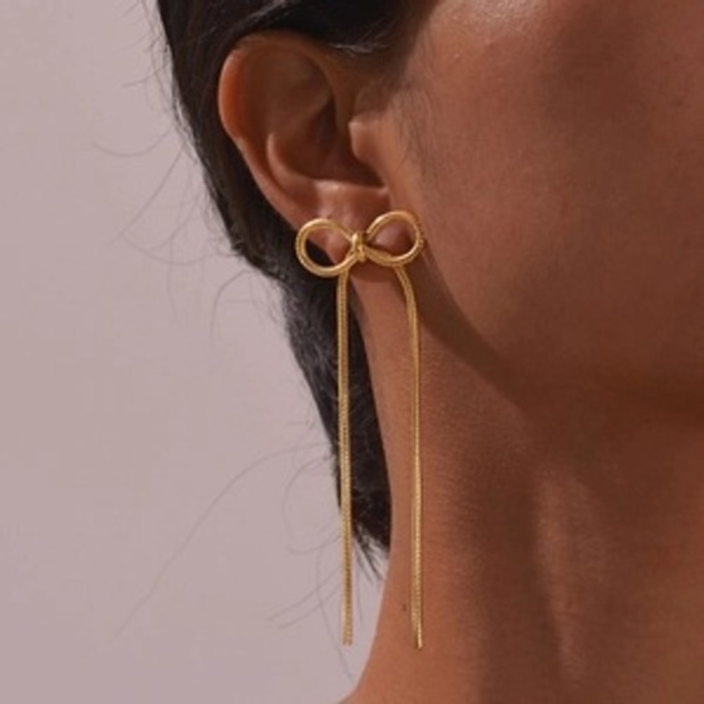 Gold Bow Drop Earrings Stainless Steel Long Snake Chain Tassel Coquette Jewelry - Picture 1 of 2